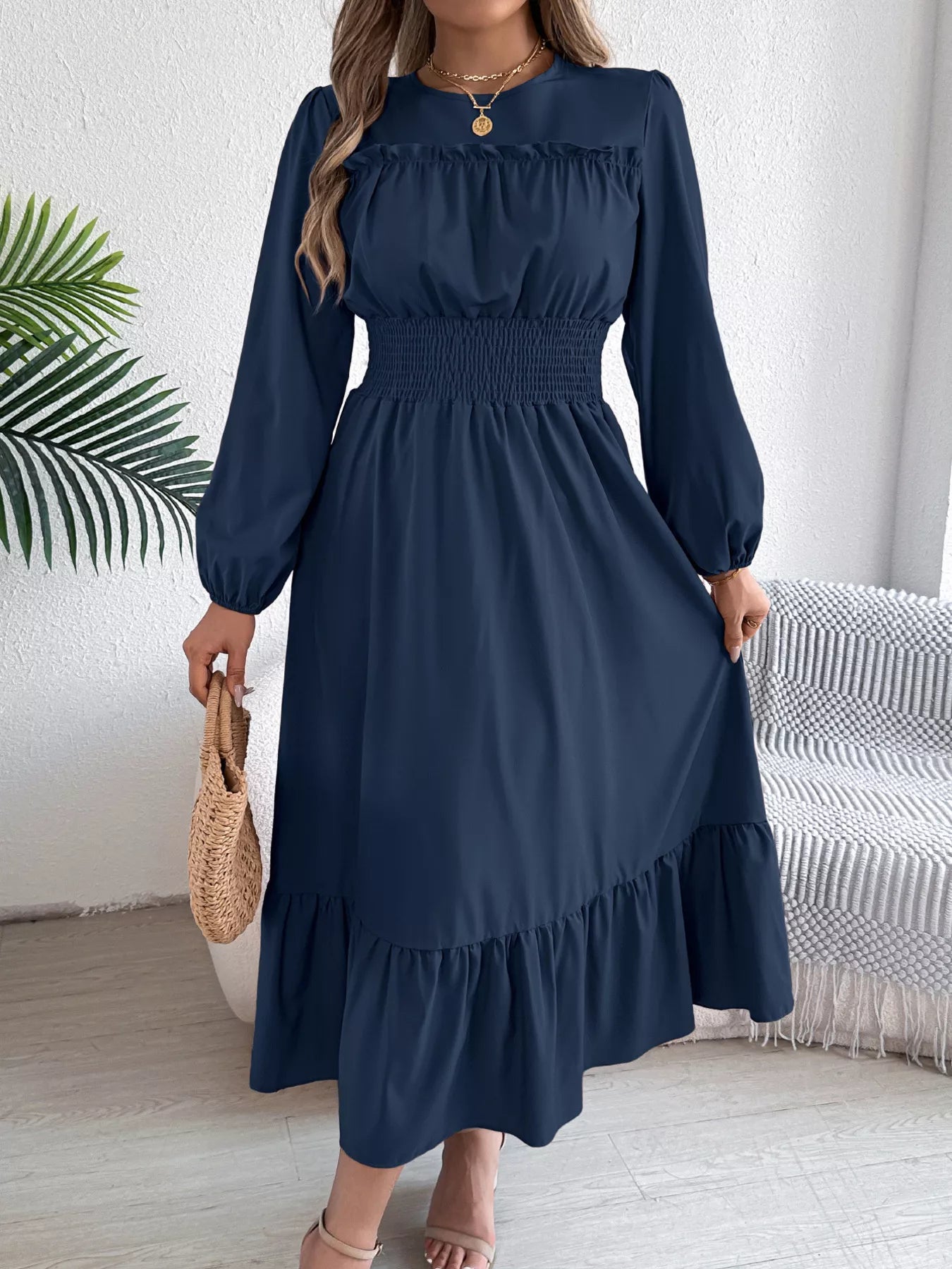 Round Neck Balloon Sleeve Tiered Dress - Thalia Chic