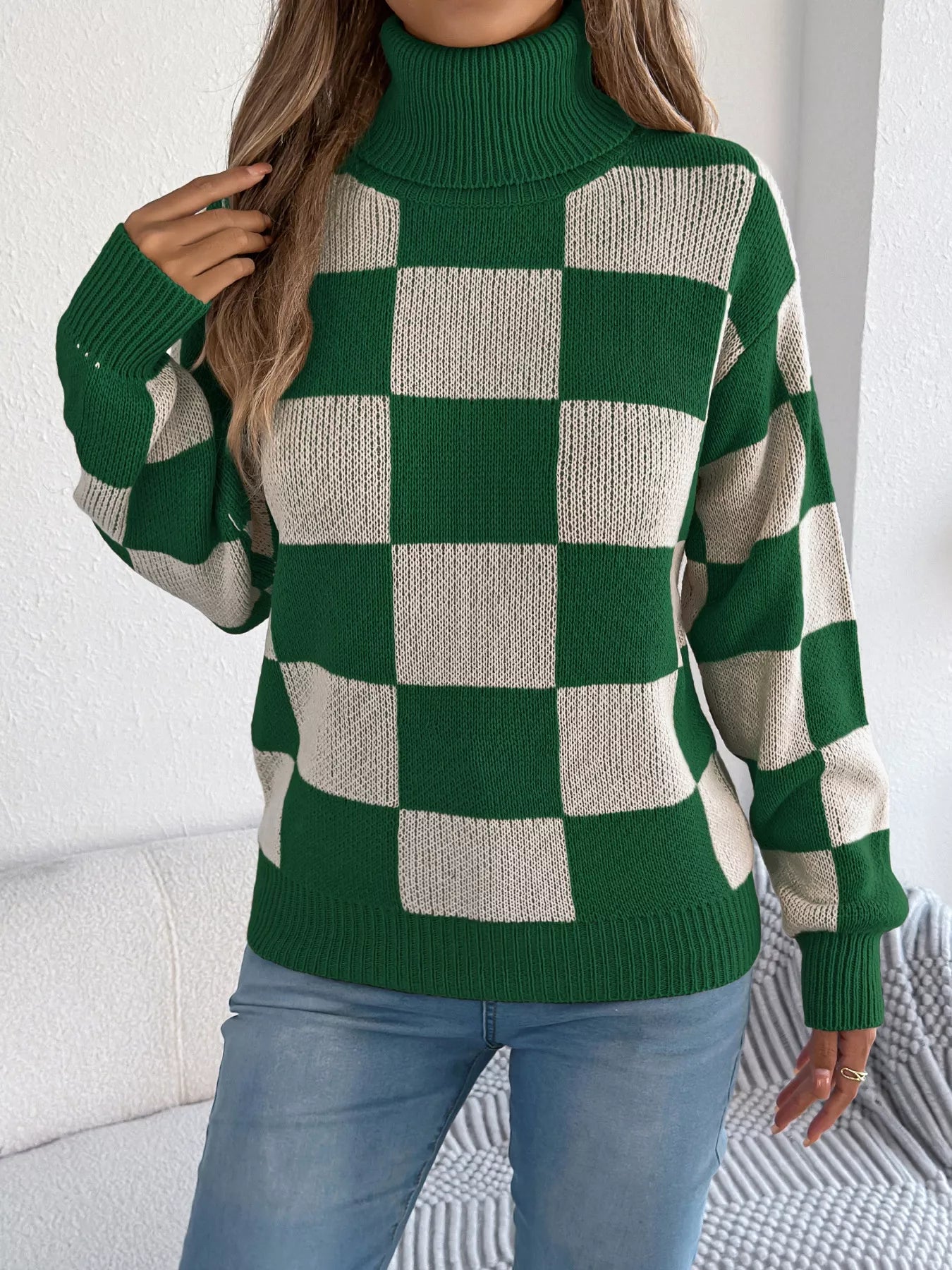Checkered Turtleneck Long Sleeve Sweater - Thalia Chic