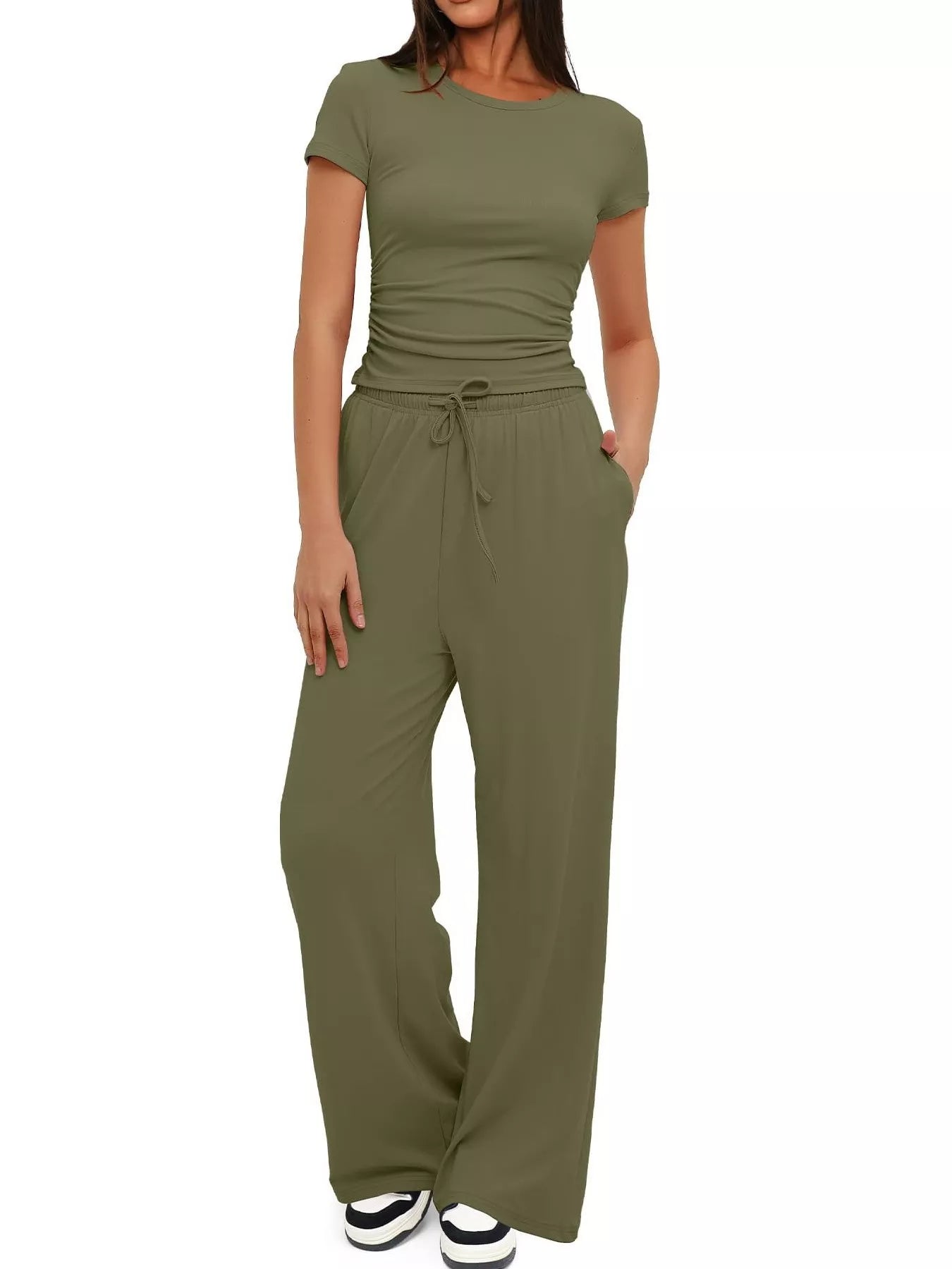Round Neck Short Sleeve T-Shirt and Pants Set - Thalia Chic
