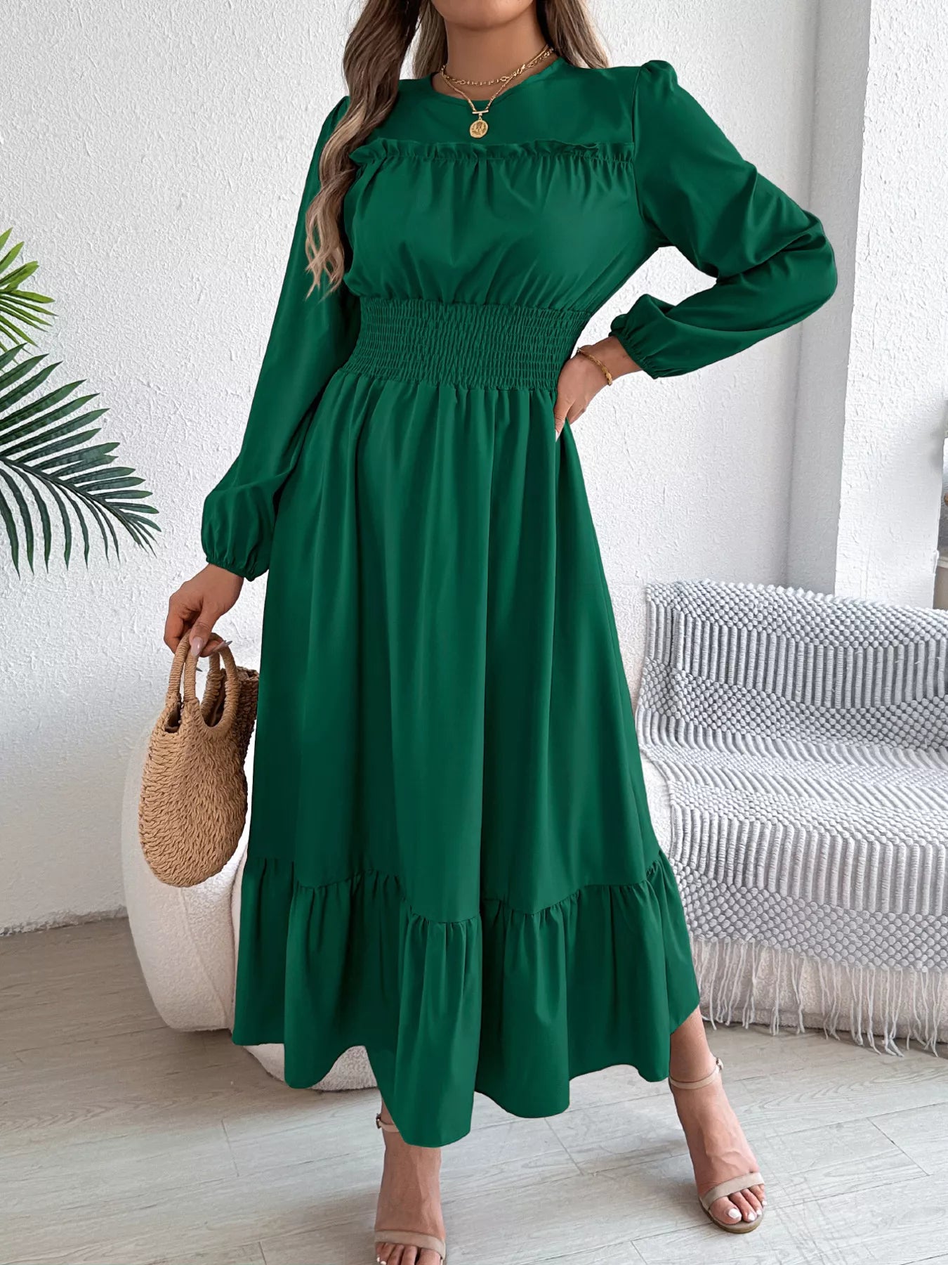 Round Neck Balloon Sleeve Tiered Dress - Thalia Chic