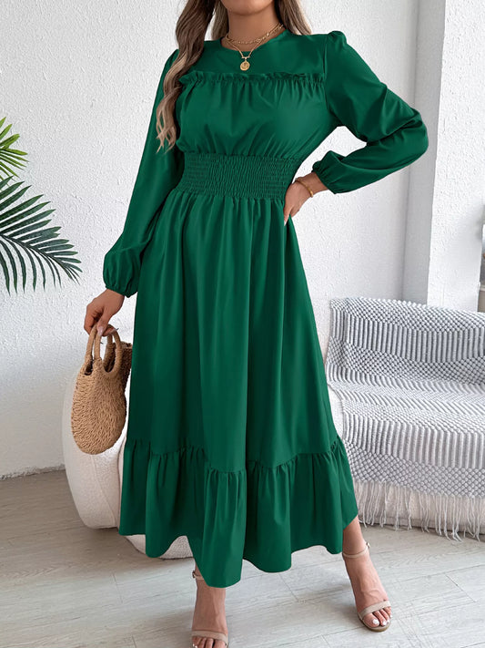Round Neck Balloon Sleeve Tiered Dress - Thalia Chic