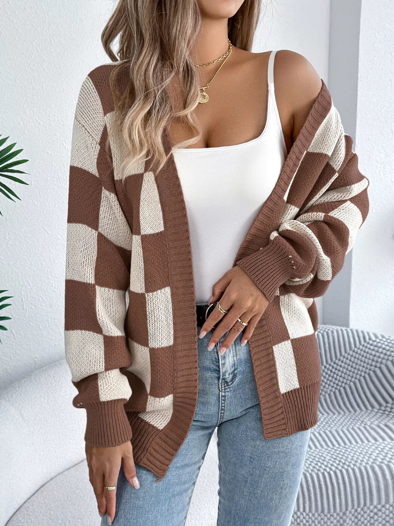 Checkered Pattern Open Front Cardigan - Thalia Chic