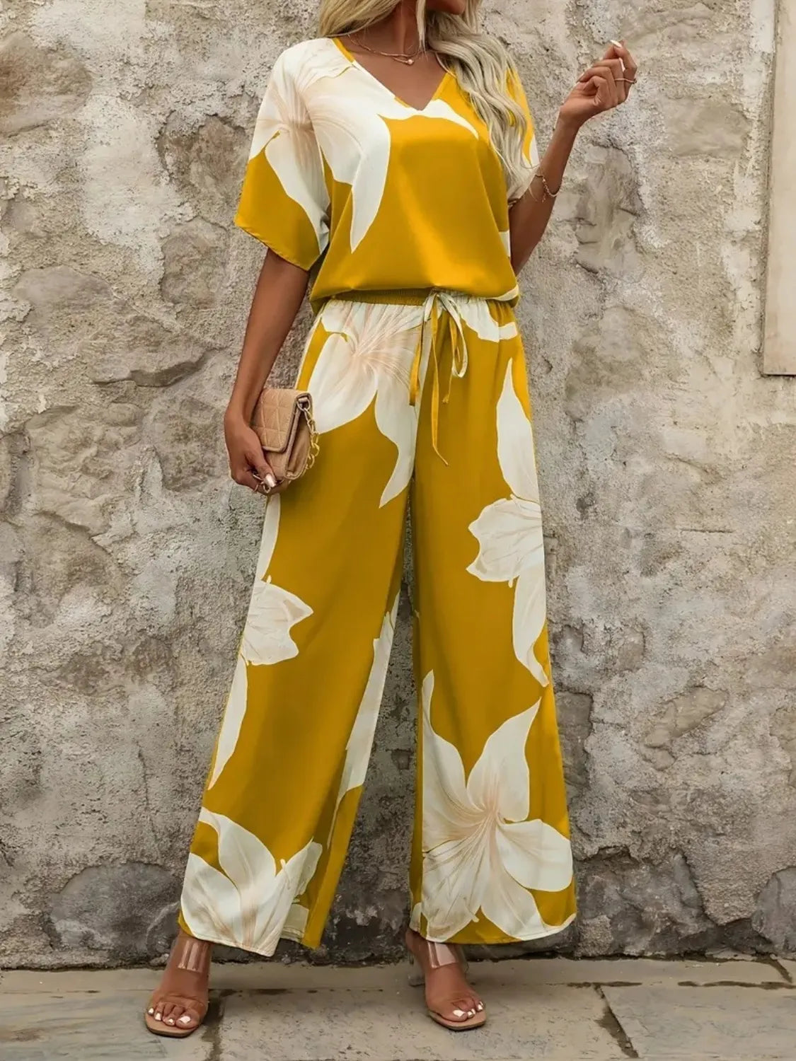 Printed V-Neck Top and Wide Leg Pants Set - Thalia Chic