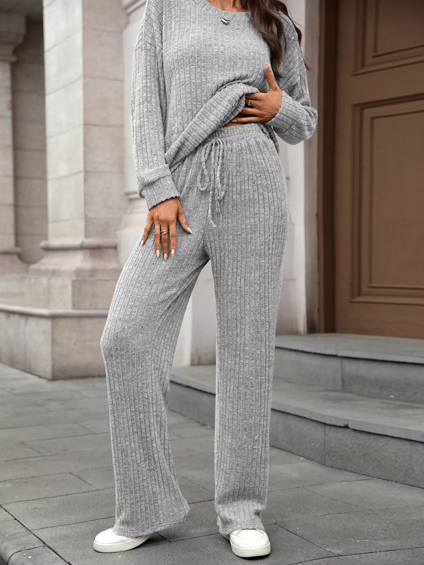 Ribbed Round Neck Top and Pants Set - Thalia Chic