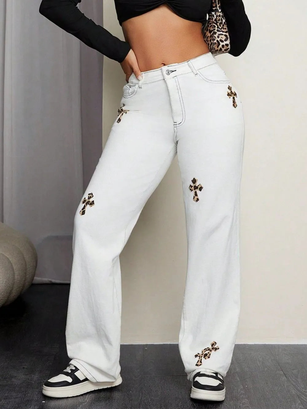 Leopard Cross Detail Straight Leg Jeans - Thalia Chic