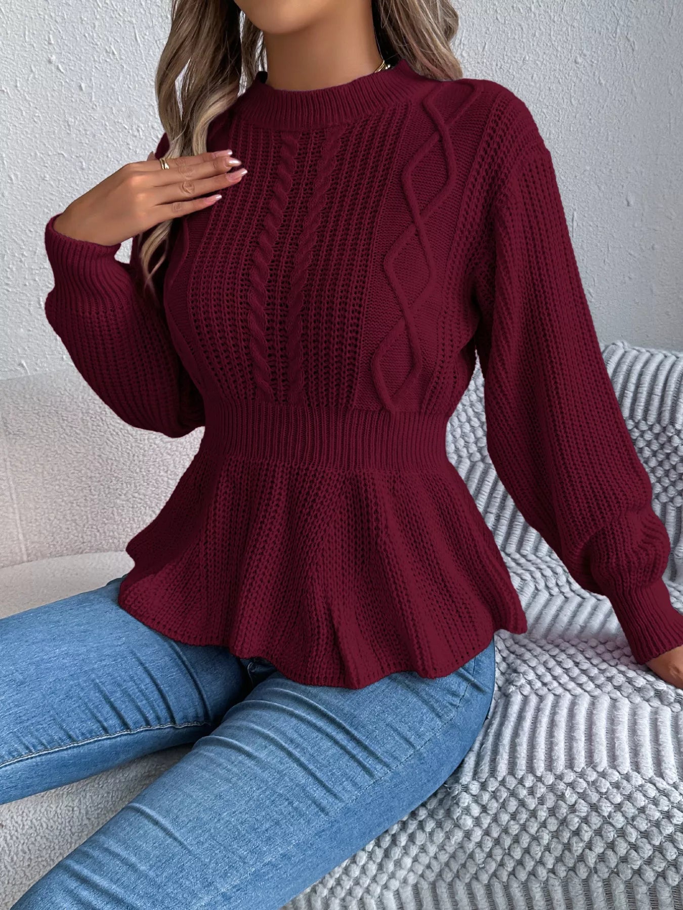 Cable Knit Round Neck Peplum Sweater - Thalia Chic