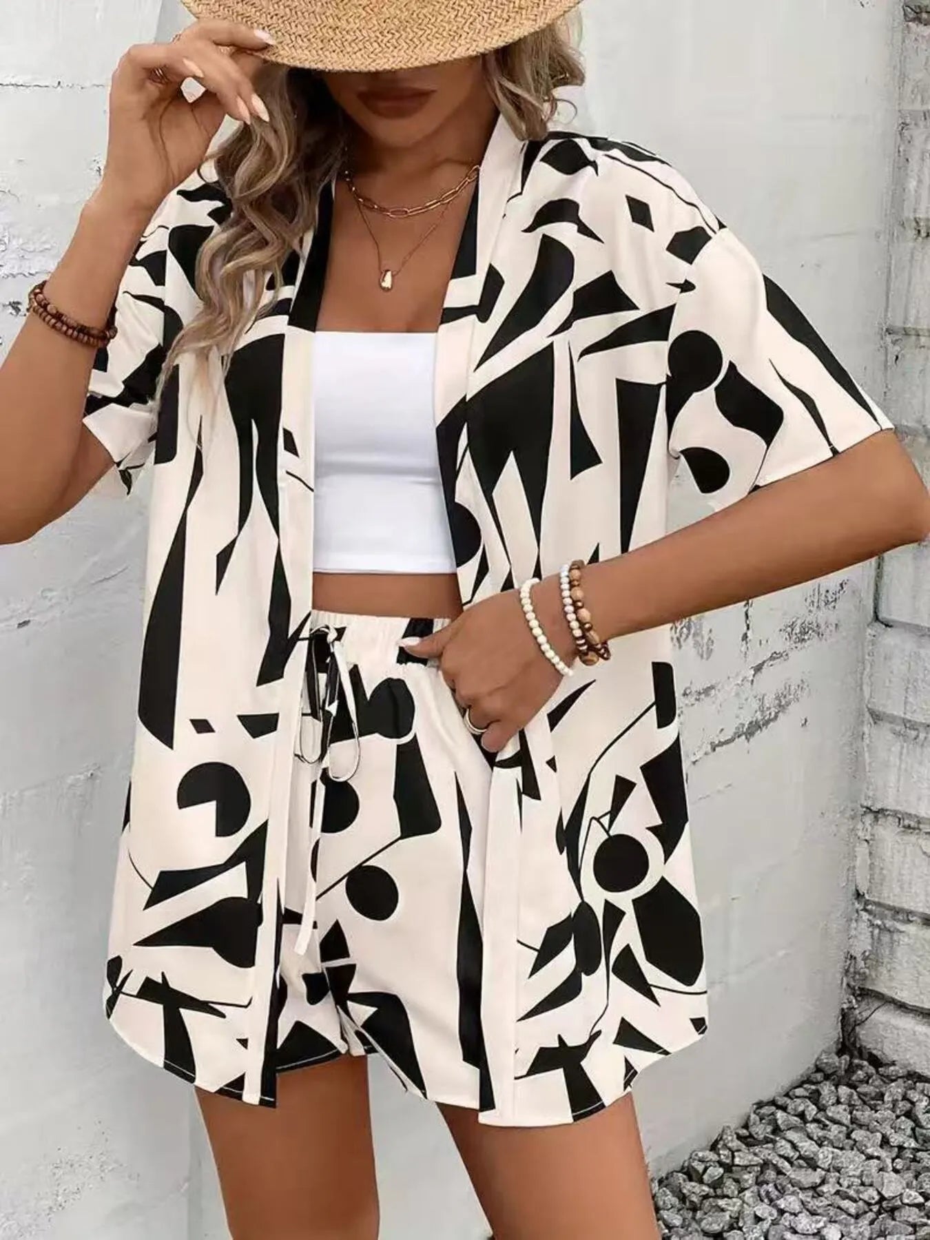 Printed Open Front Cardigan and Shorts Set - Thalia Chic