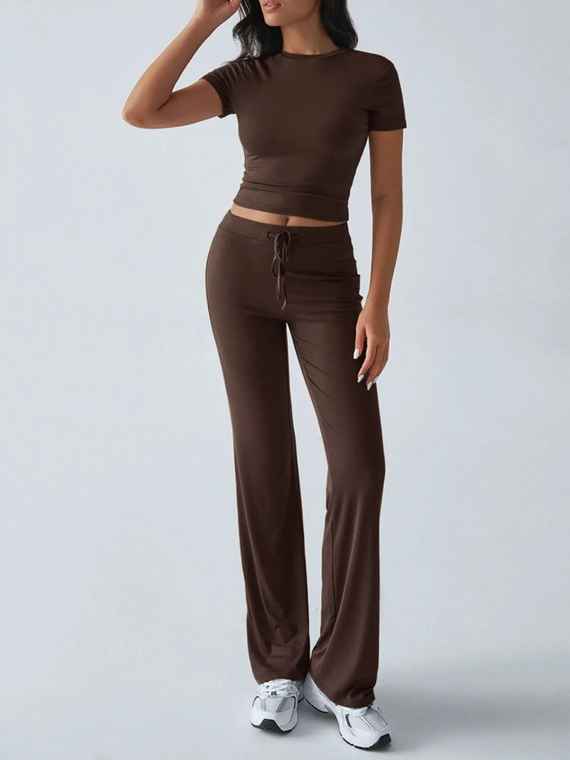 Round Neck Short Sleeve Top and Pants Set - Thalia Chic