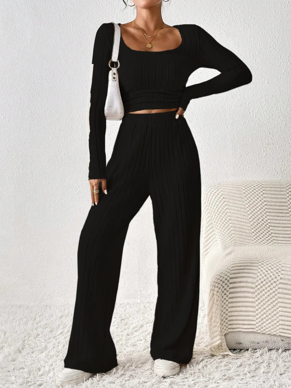 Honey Scoop Neck Long Sleeve Top and Pants Set - Thalia Chic