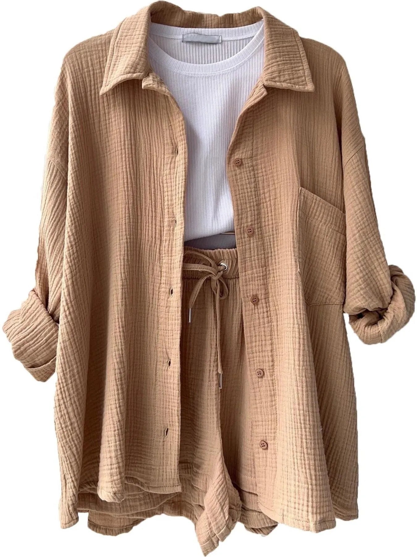 Textured Button Up Shirt and Shorts Set - Thalia Chic