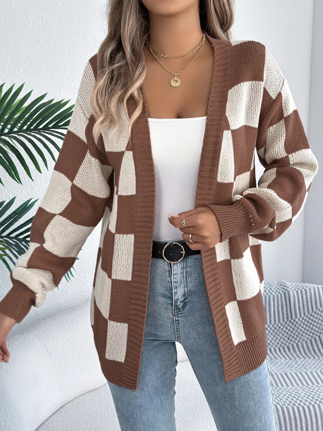 Checkered Pattern Open Front Cardigan - Thalia Chic