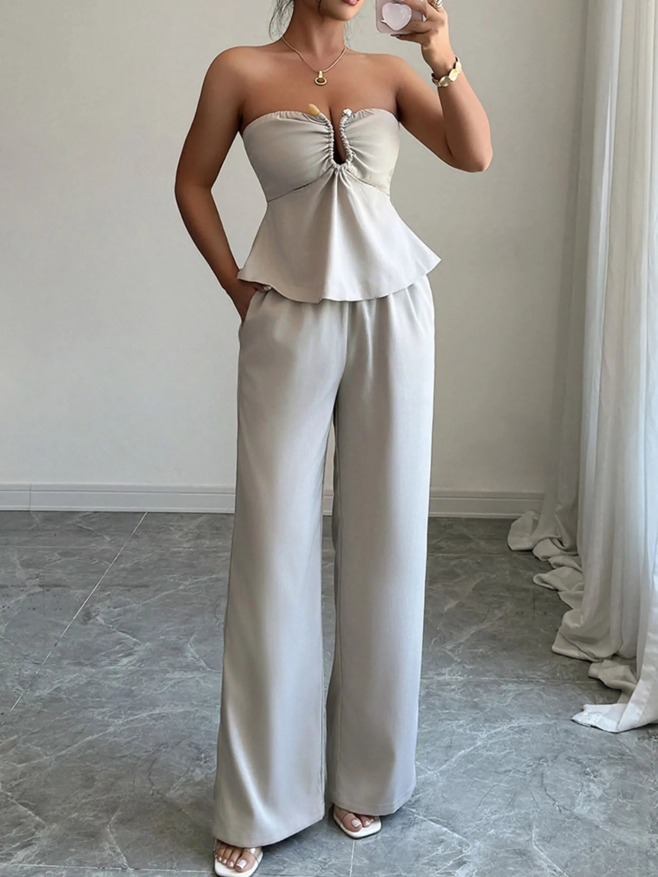 Ruched Tube Top and Pants Set - Thalia Chic