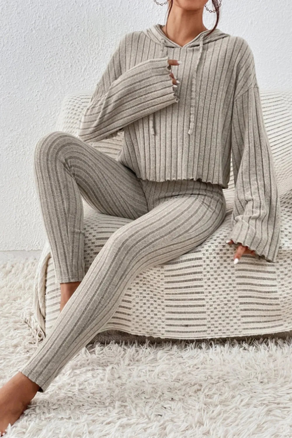 Lettuce Hem Dropped Shoulder Hooded Top and Pants Set - Thalia Chic