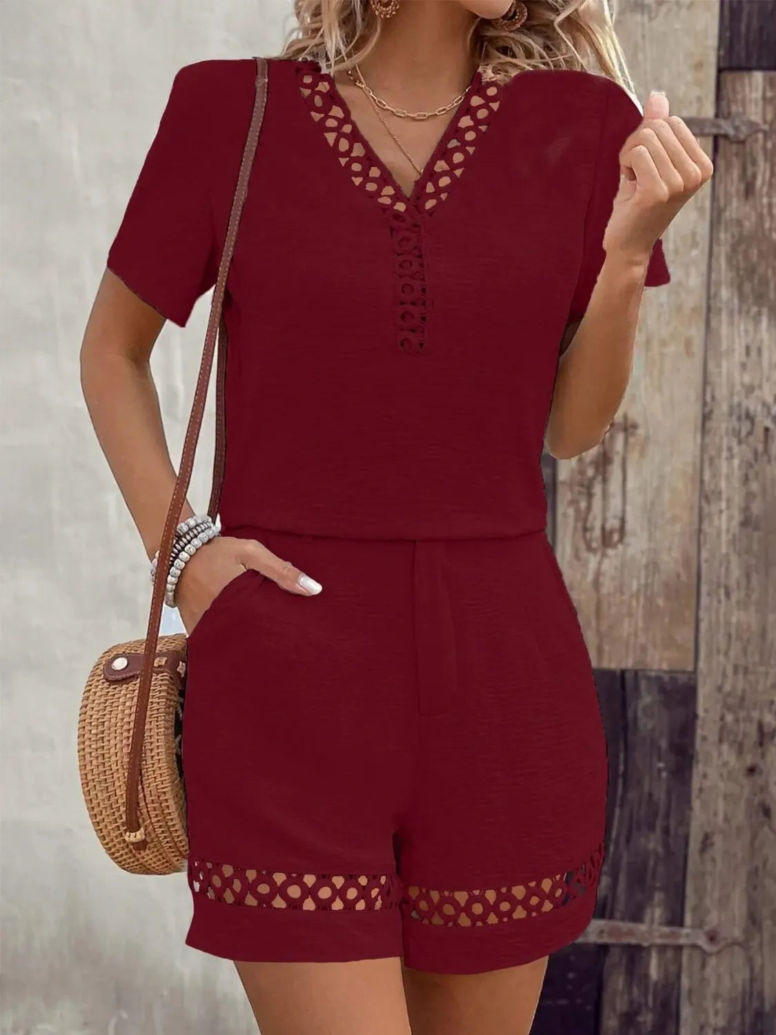 V Neck Short Sleeve Top and Shorts Set - Thalia Chic