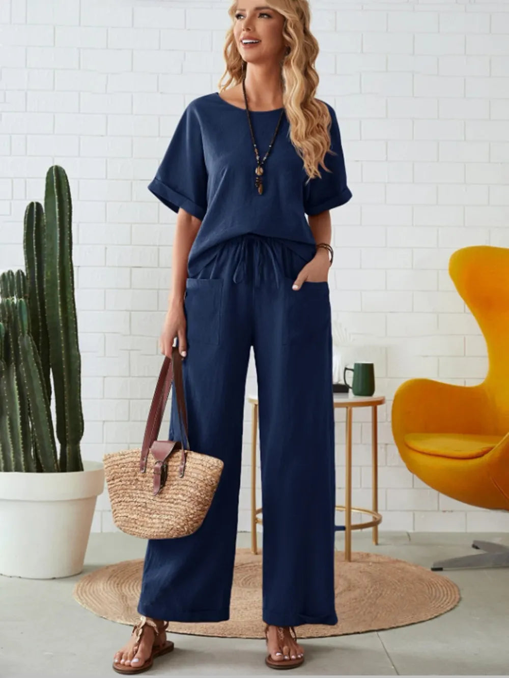 Round Neck Half Sleeve Top and Pocketed Pants Set - Thalia Chic