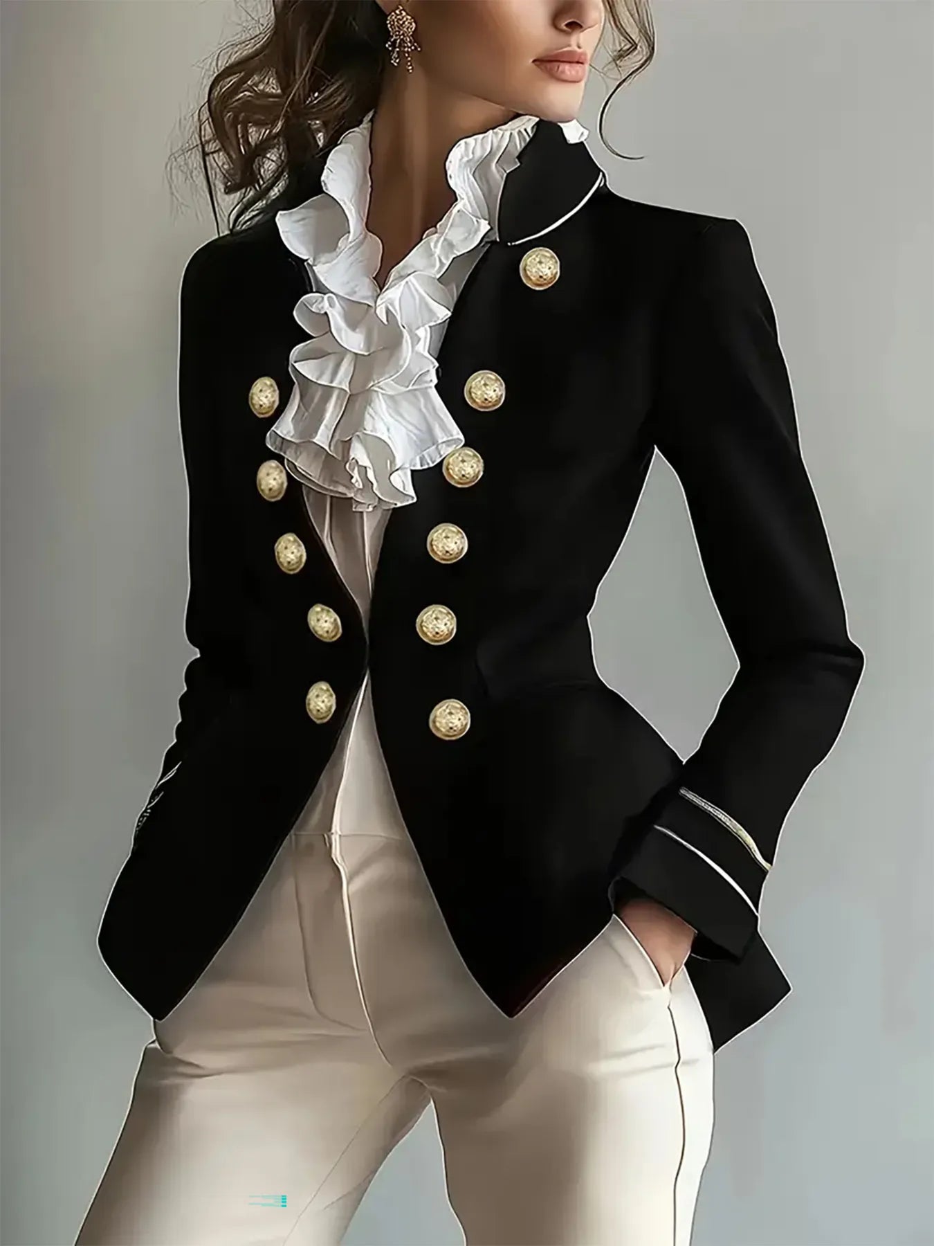 Decorative Button Hight-Low Blazer with Cuff Trim - Thalia Chic