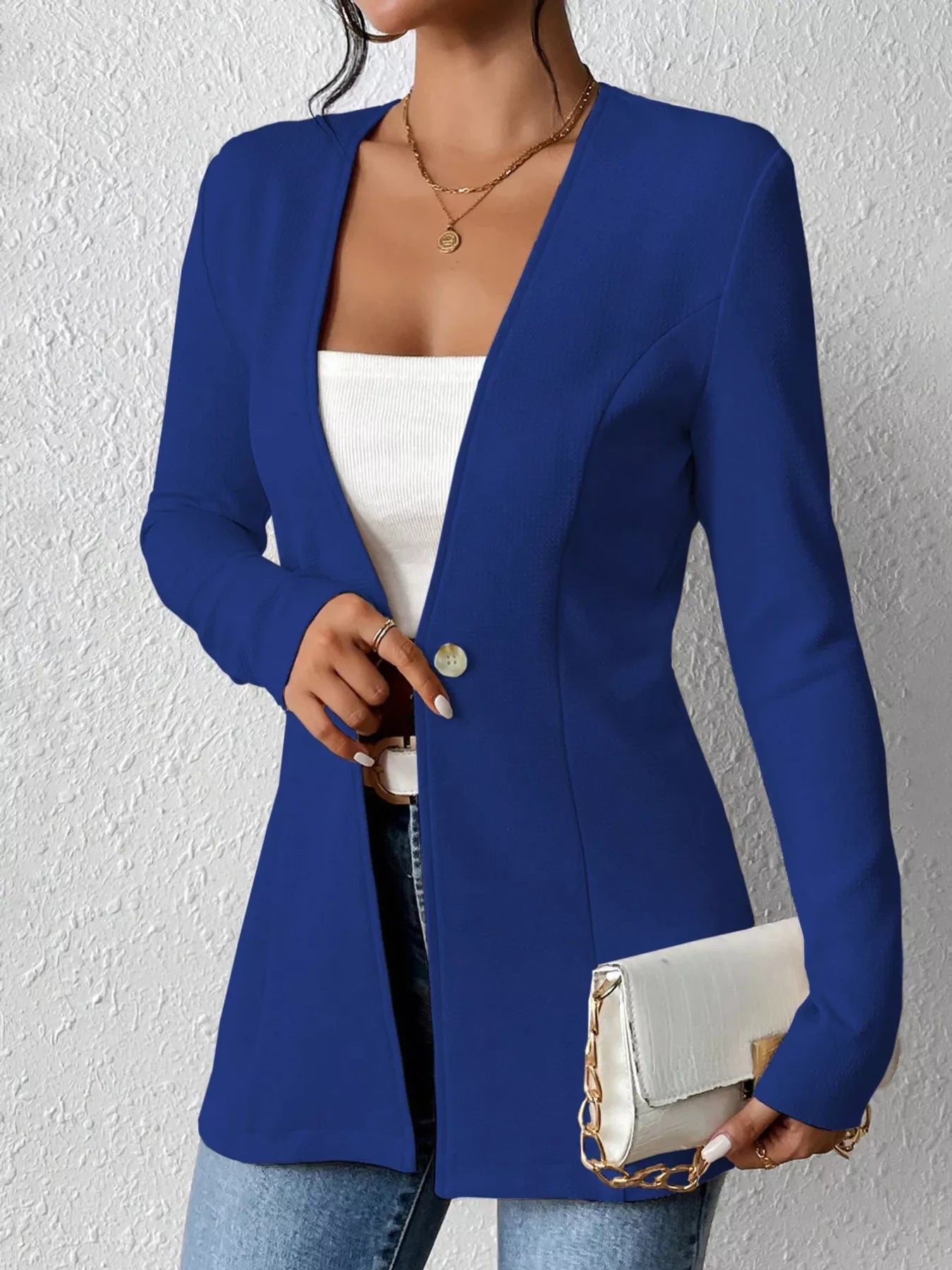 One Button Long Sleeve Blazer - Thalia Chic
