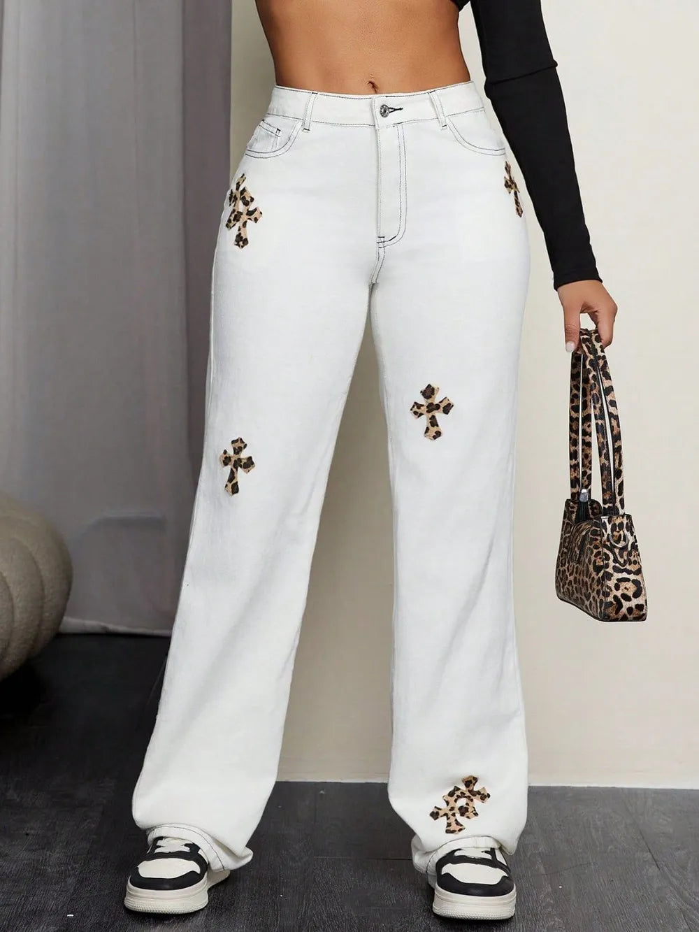 Leopard Cross Detail Straight Leg Jeans - Thalia Chic