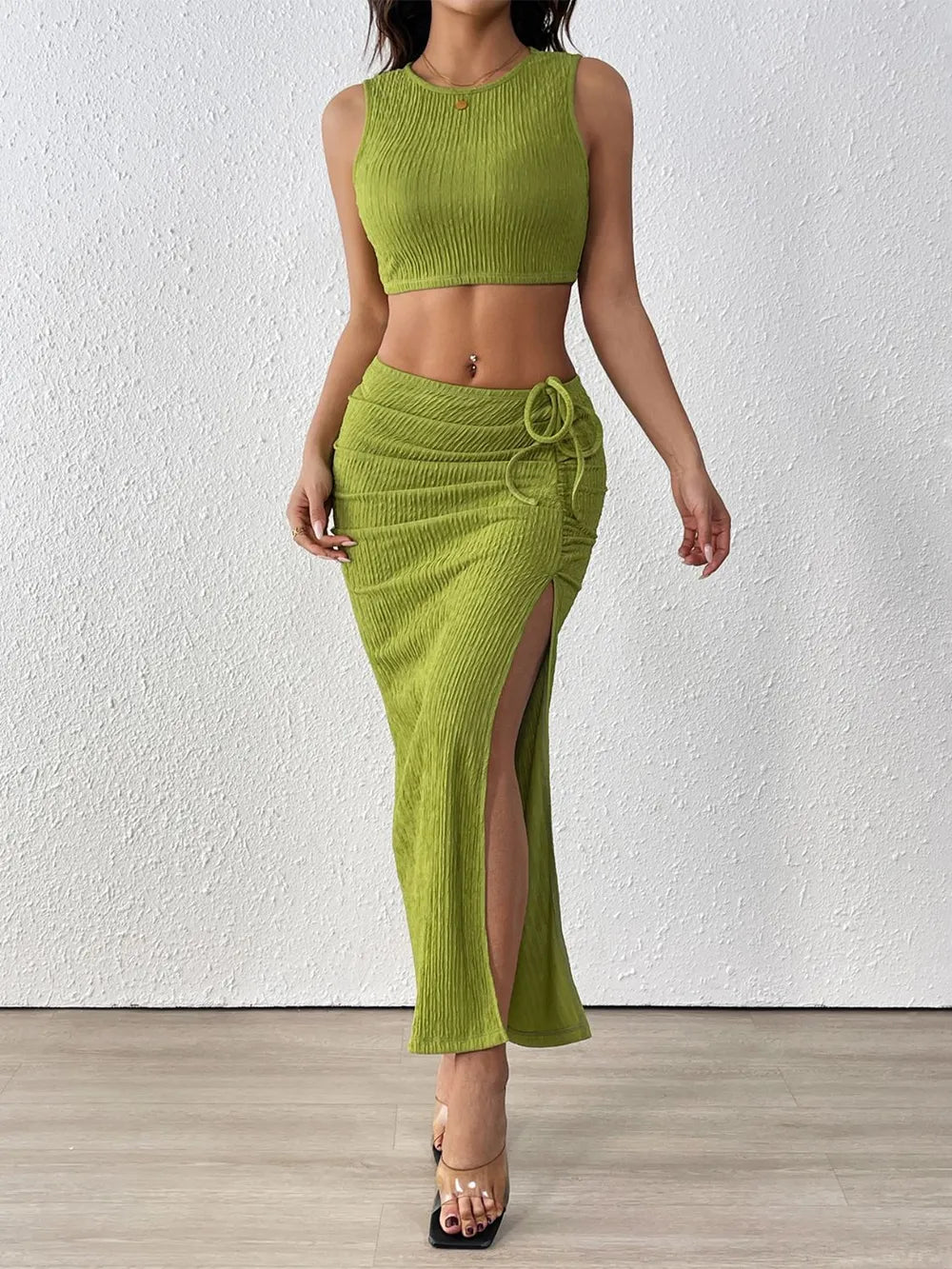Perfee Texture Cropped Tank and Ruched Skirt Set - Thalia Chic