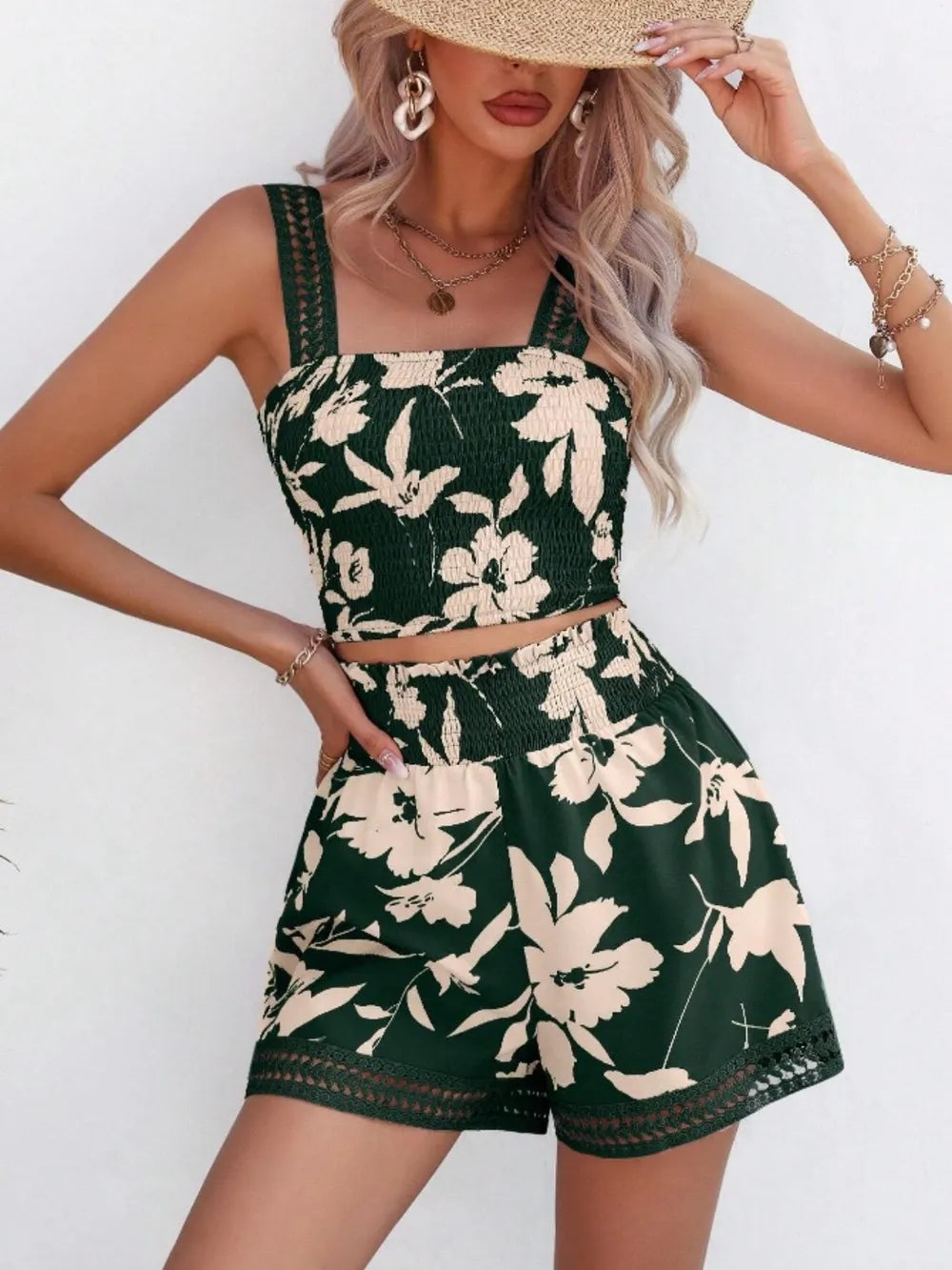 Smocked Printed Square Neck Top and Shorts Set - Thalia Chic