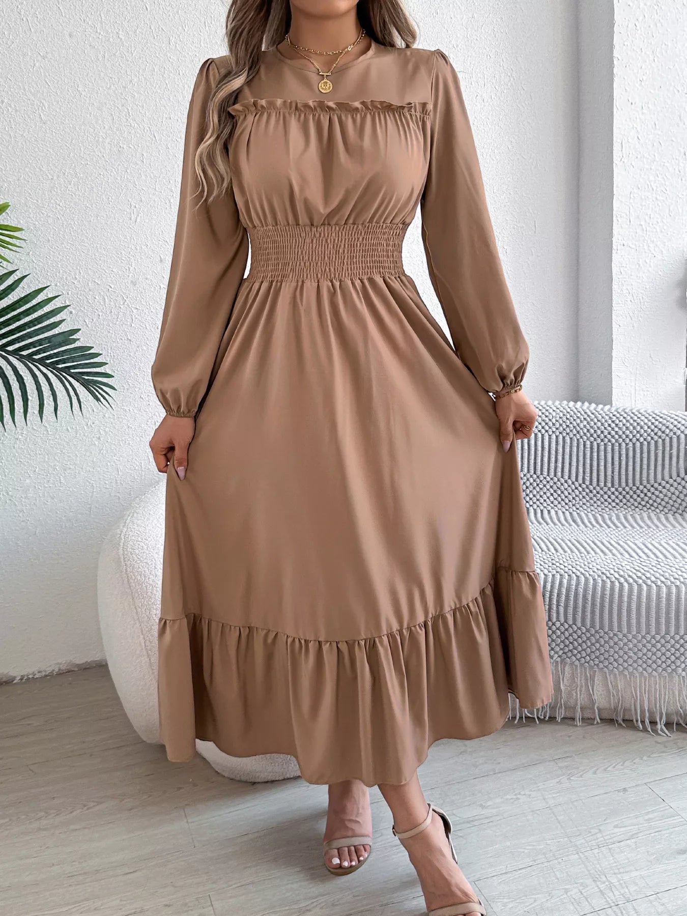 Round Neck Balloon Sleeve Tiered Dress - Thalia Chic