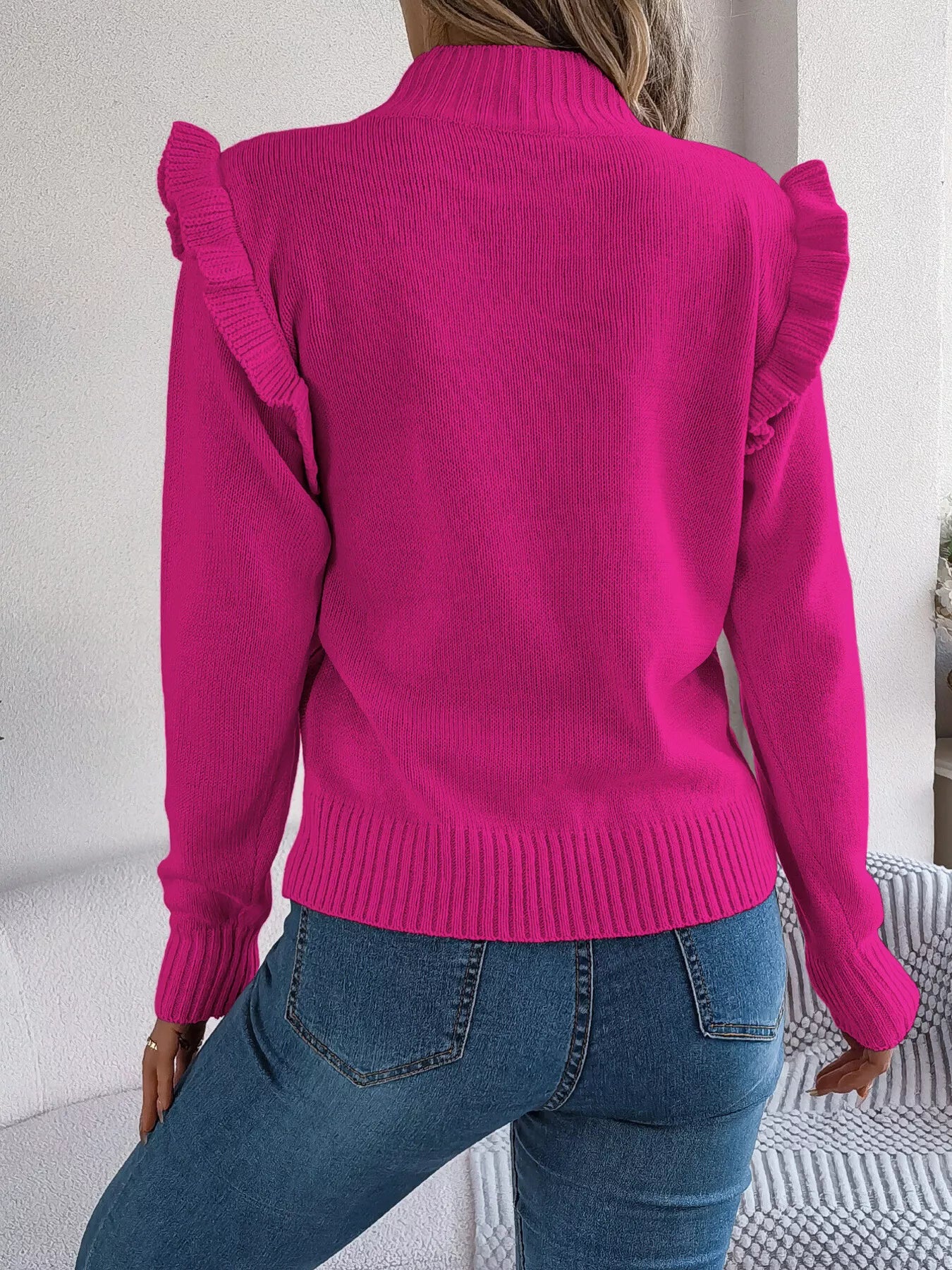 Mock Neck Ruffle Trim Long Sleeve Sweater - Thalia Chic