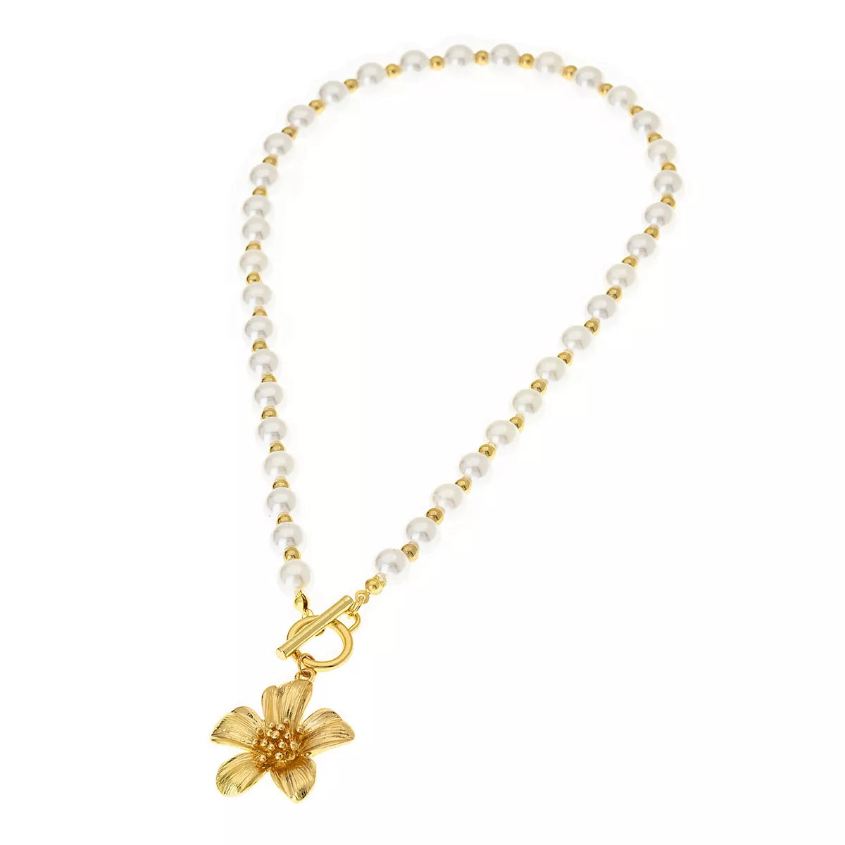 18K Gold-Plated Pearl Flower Pendant Necklace - Thalia Chic