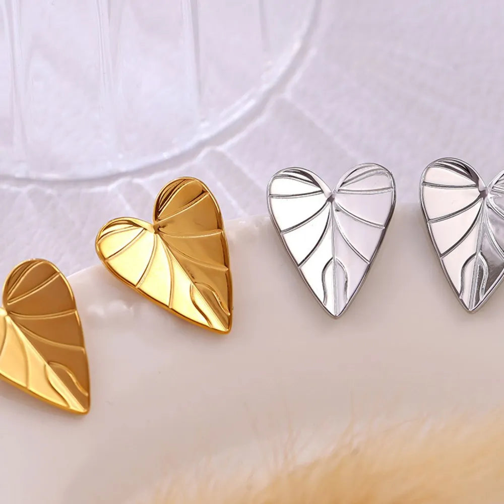 Stainless Steel Heart Leaf Stud Earring - Thalia Chic