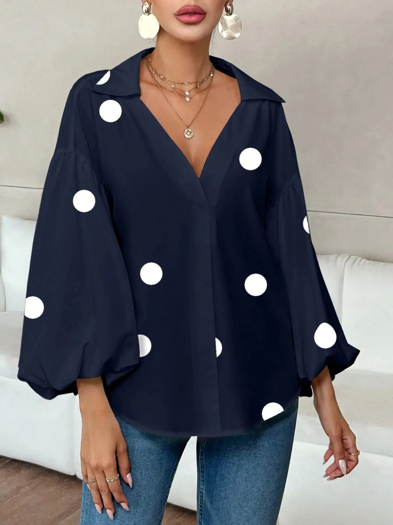 Polka Dot Balloon Sleeve Blouse - Thalia Chic