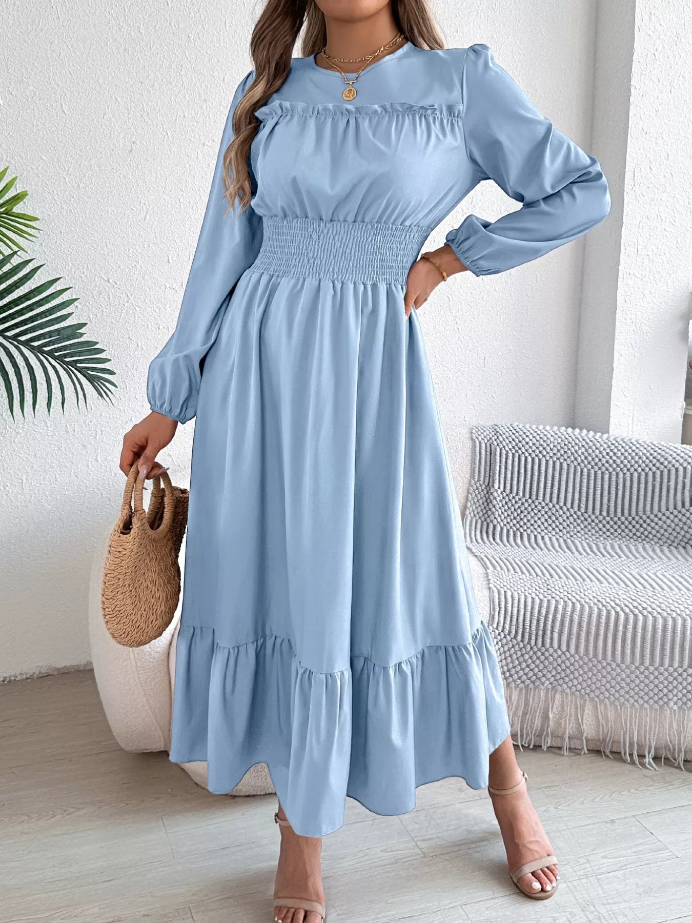 Round Neck Balloon Sleeve Tiered Dress - Thalia Chic
