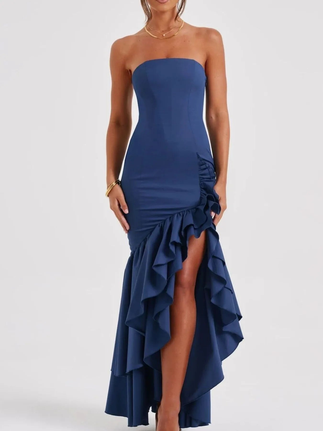 Strapless Ruffle High-Low Bodycon Dress - Thalia Chic