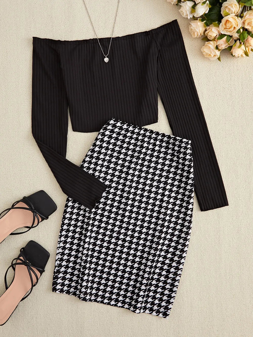 Off-Shoulder Long Sleeve Top and Houndstooth Skirt Set - Thalia Chic