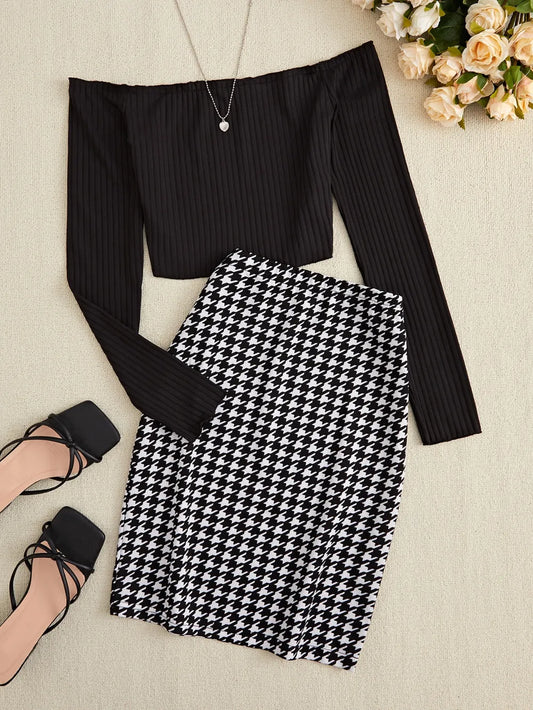 Off-Shoulder Long Sleeve Top and Houndstooth Skirt Set - Thalia Chic