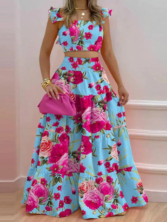 Full Size Ruffled Cami and Tiered Maxi Skirt Set Plus Size - Thalia Chic