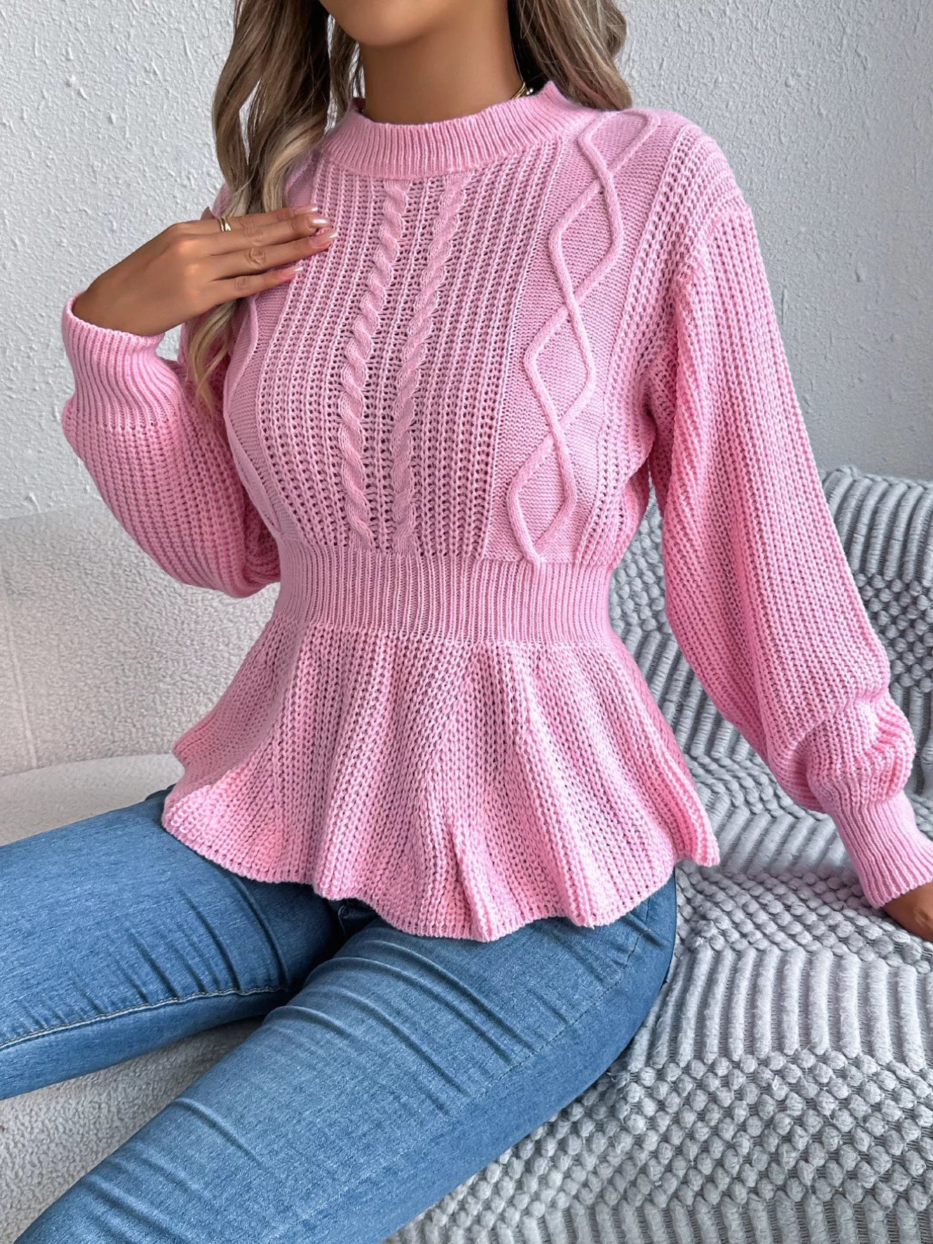 Cable Knit Round Neck Peplum Sweater - Thalia Chic