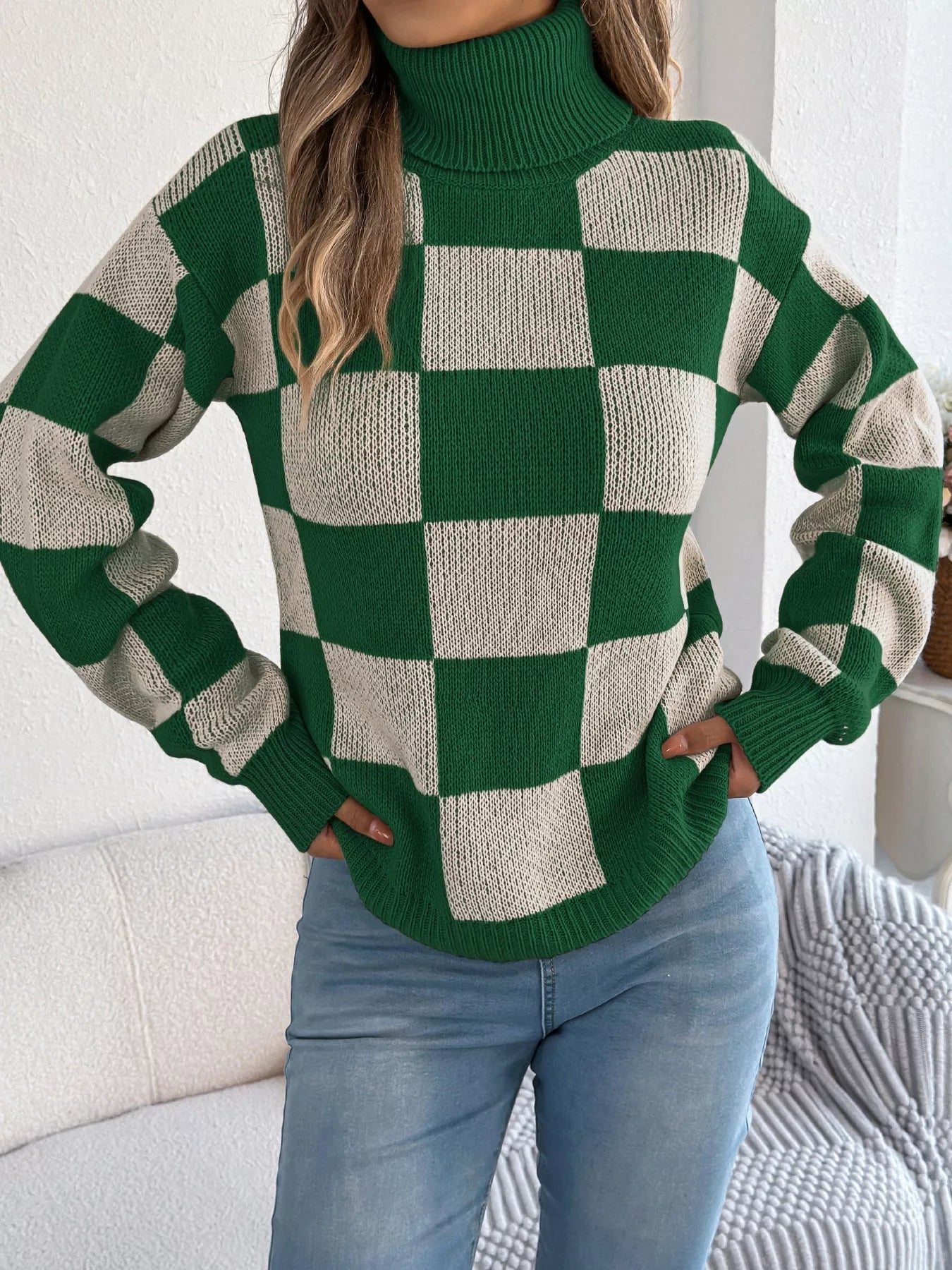 Checkered Turtleneck Long Sleeve Sweater - Thalia Chic