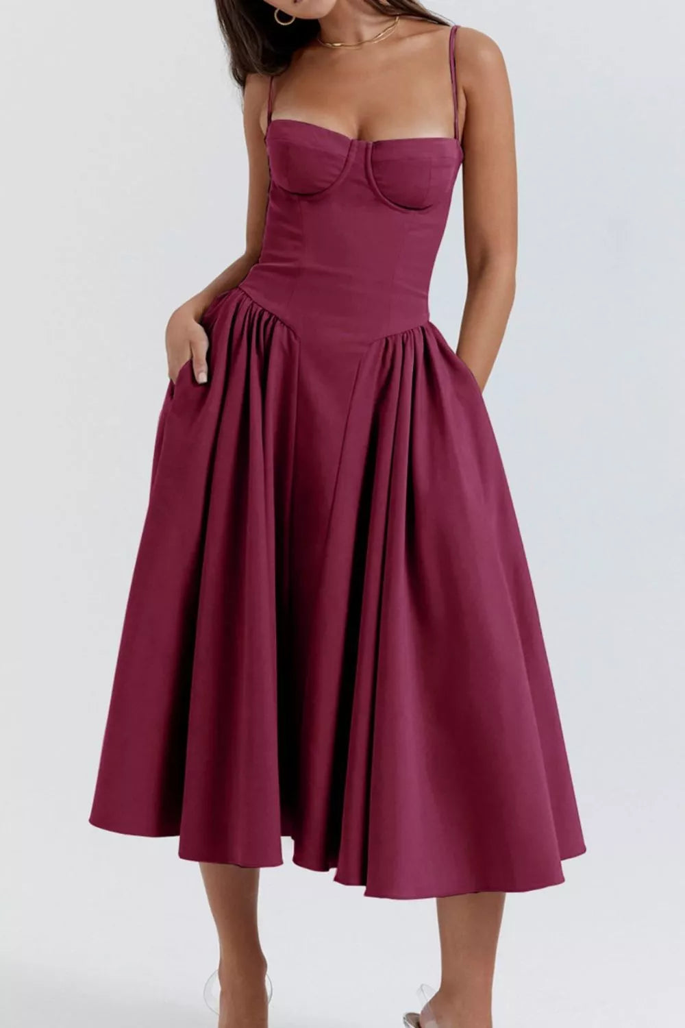 Sweetheart Neck Ruched Midi Dress - Thalia Chic