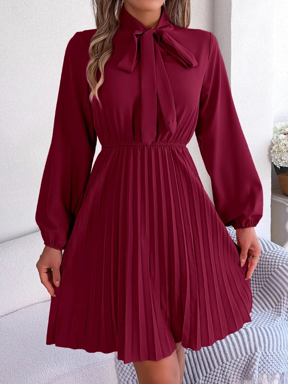 Tie Neck Balloon Sleeve Pleated Dress - Thalia Chic