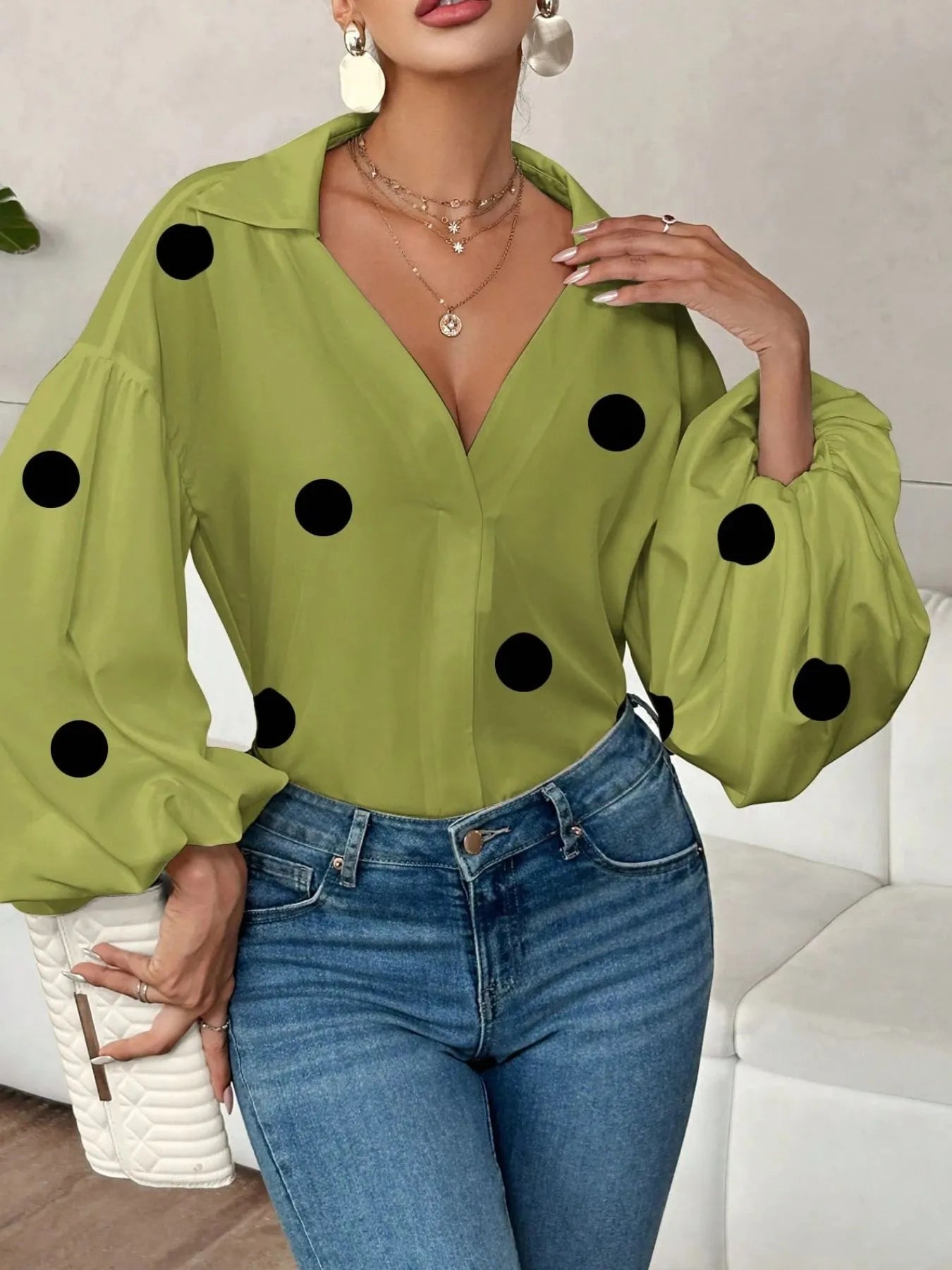 Polka Dot Balloon Sleeve Blouse - Thalia Chic