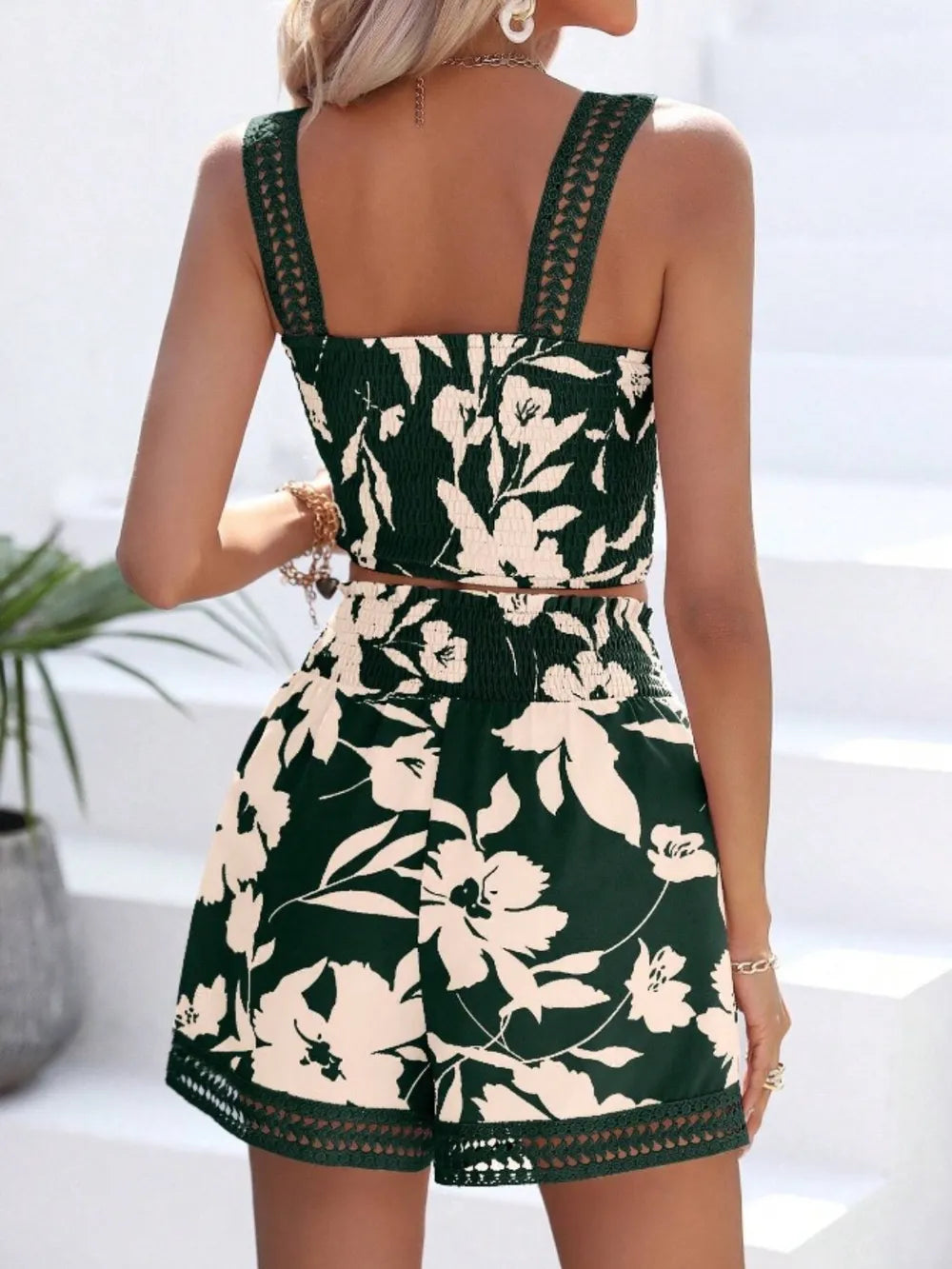 Smocked Printed Square Neck Top and Shorts Set - Thalia Chic