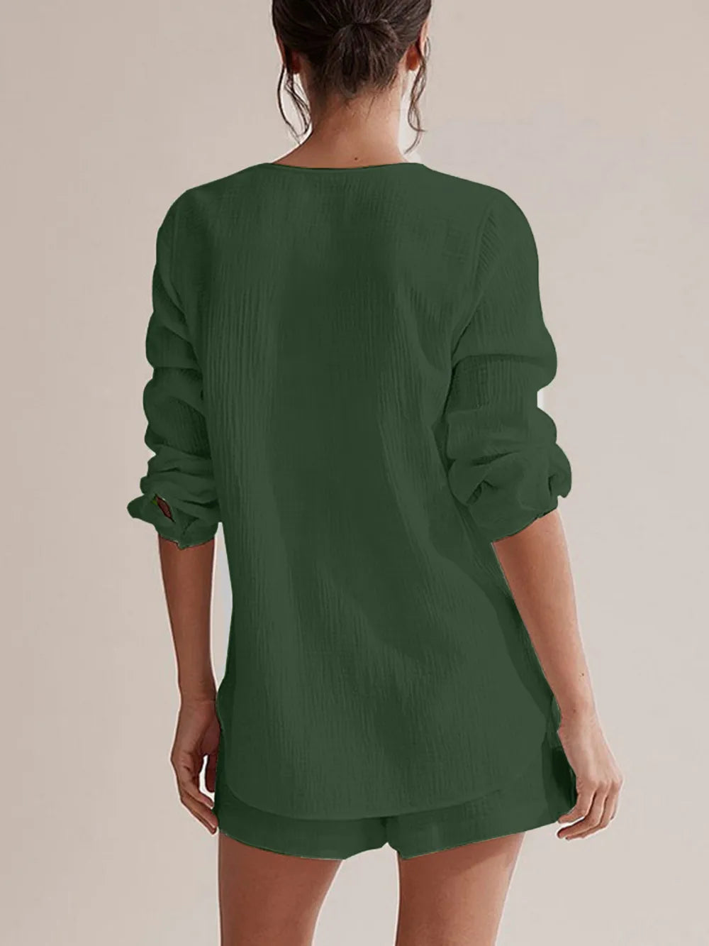 Notched Long Sleeve Top and Shorts Set - Thalia Chic