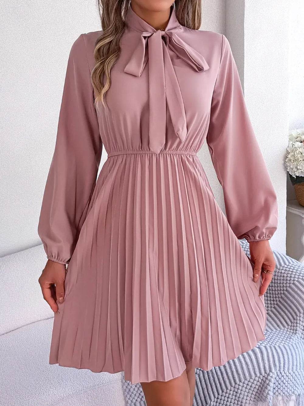 Tie Neck Balloon Sleeve Pleated Dress - Thalia Chic