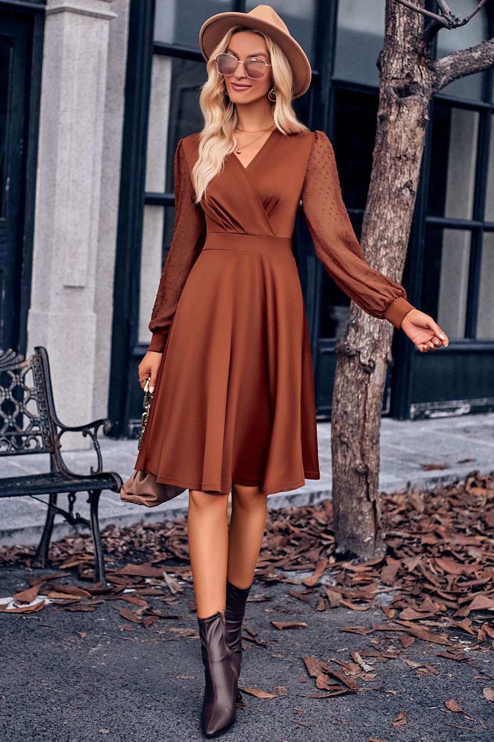 Surplice Neck Swiss Dot Long Sleeve Dress - Thalia Chic