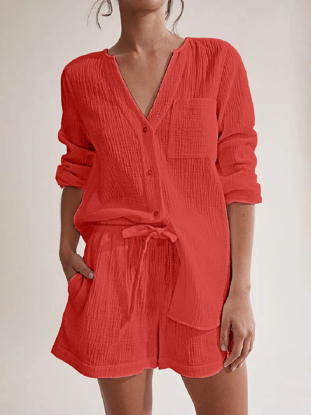 Notched Long Sleeve Top and Shorts Set - Thalia Chic