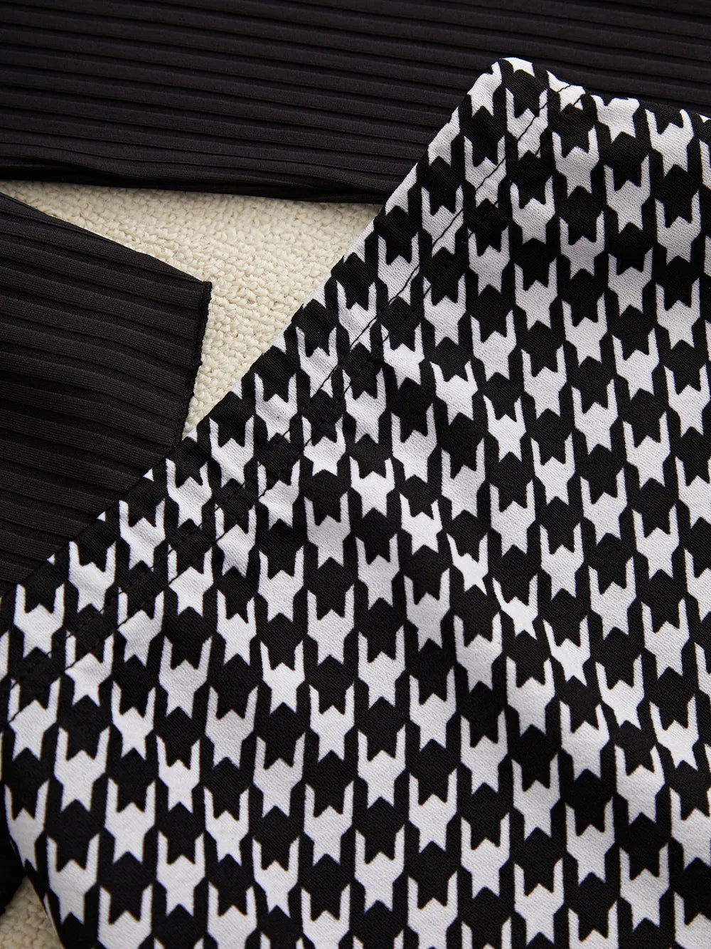 Off-Shoulder Long Sleeve Top and Houndstooth Skirt Set - Thalia Chic