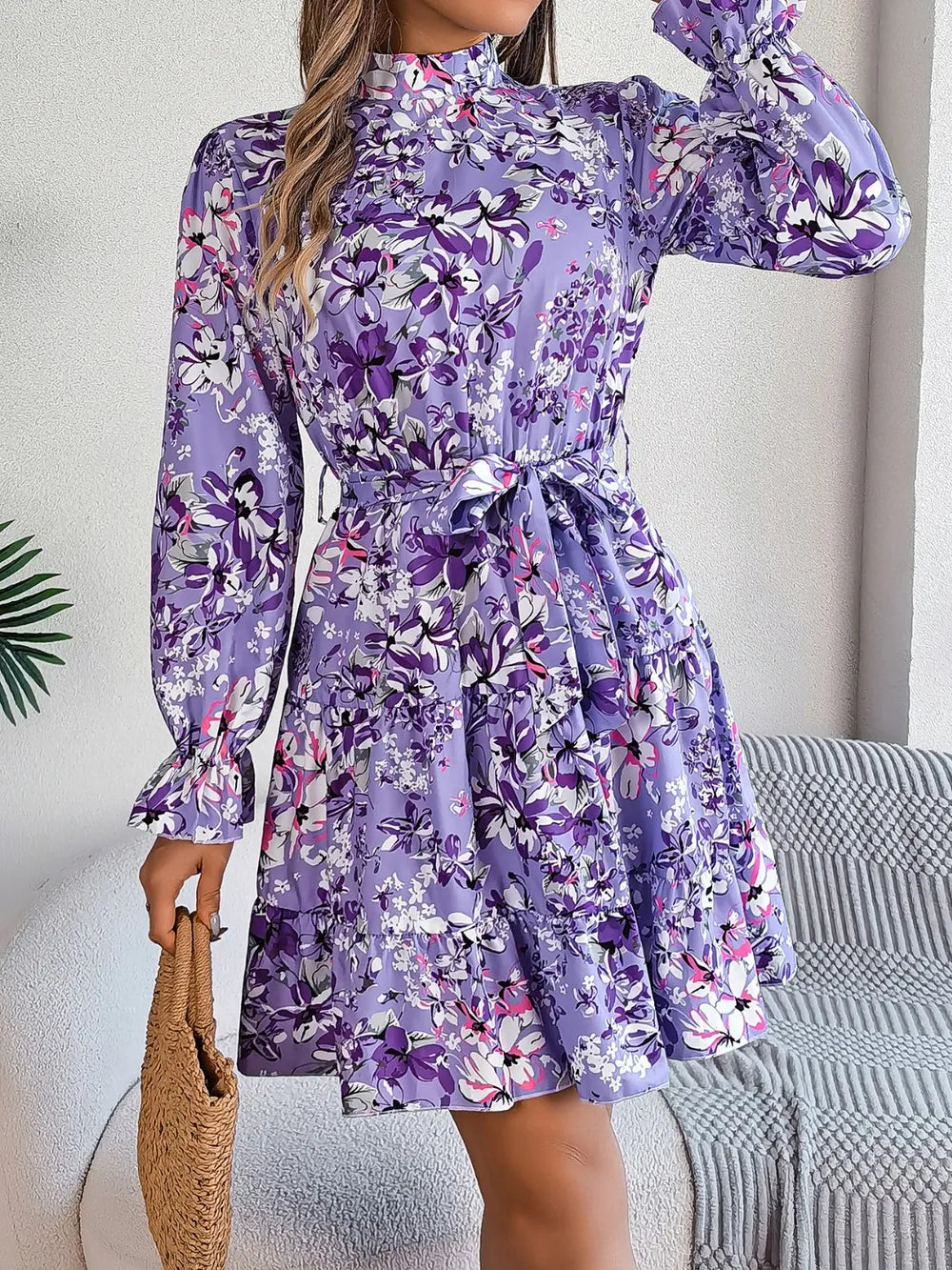 Printed Mock Neck Flounce Sleeve Mini Dress - Thalia Chic