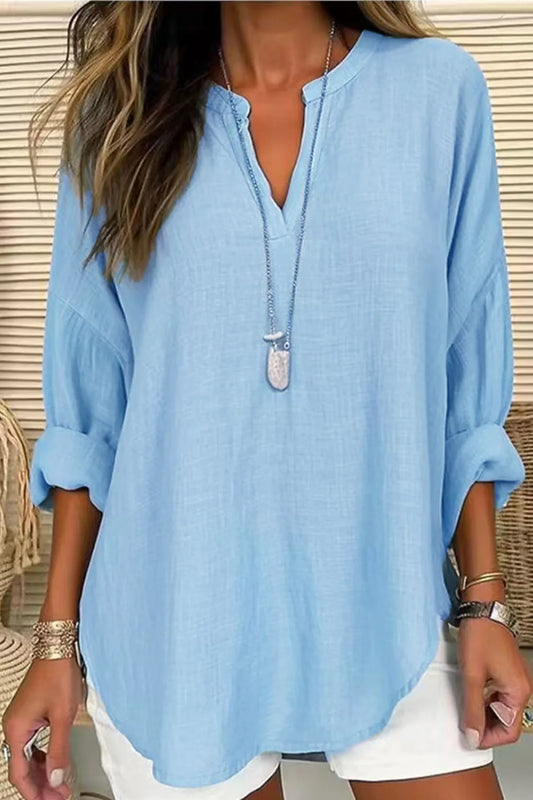 Solid Color Notched Long Sleeve Blouse - Thalia Chic