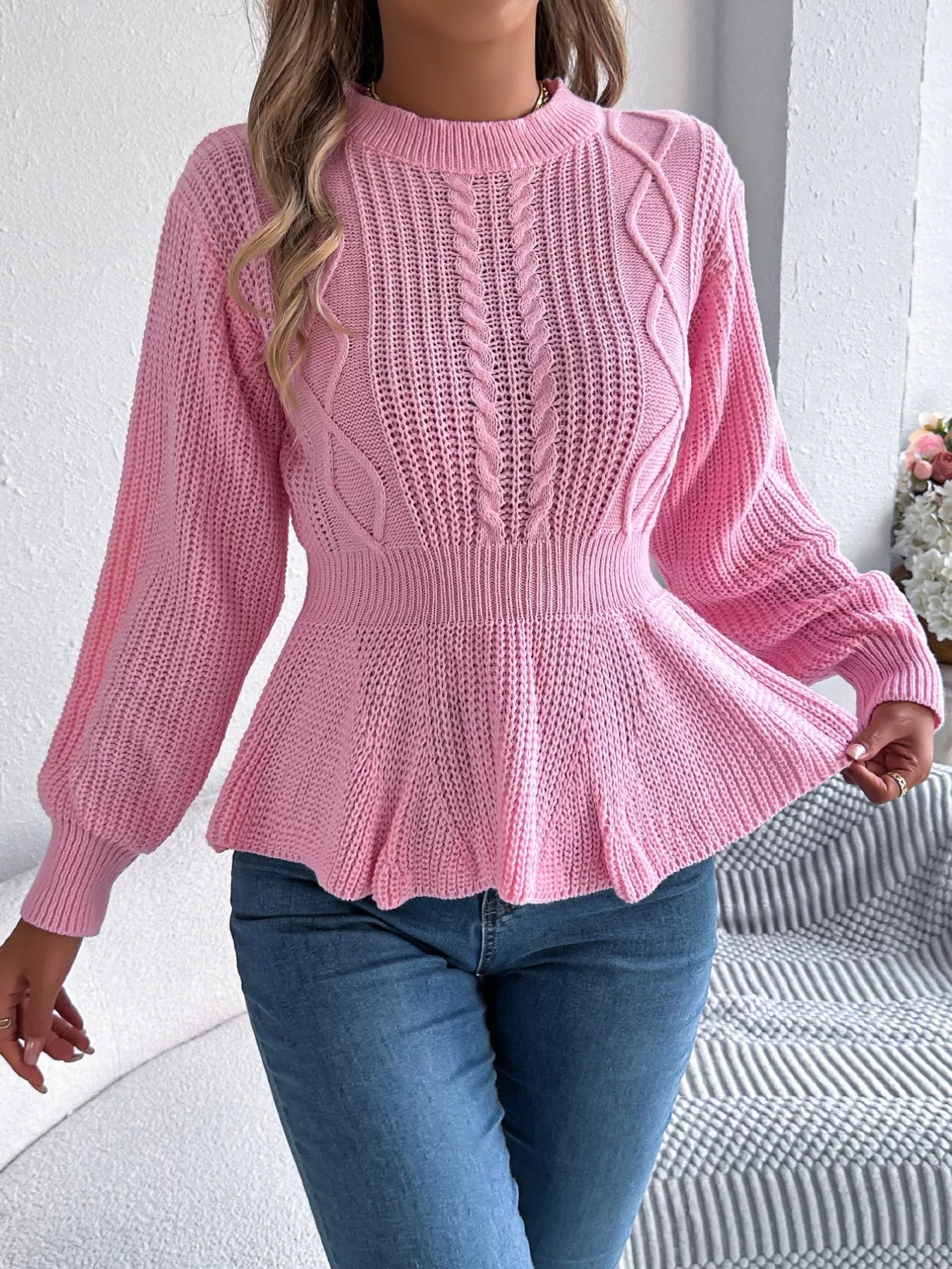 Cable Knit Round Neck Peplum Sweater - Thalia Chic