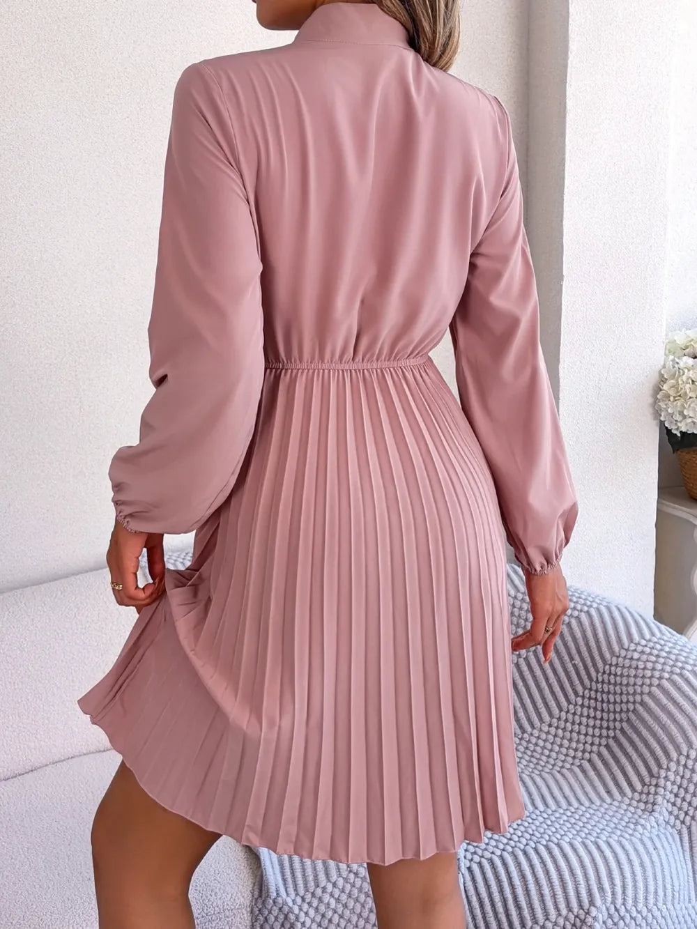 Tie Neck Balloon Sleeve Pleated Dress - Thalia Chic