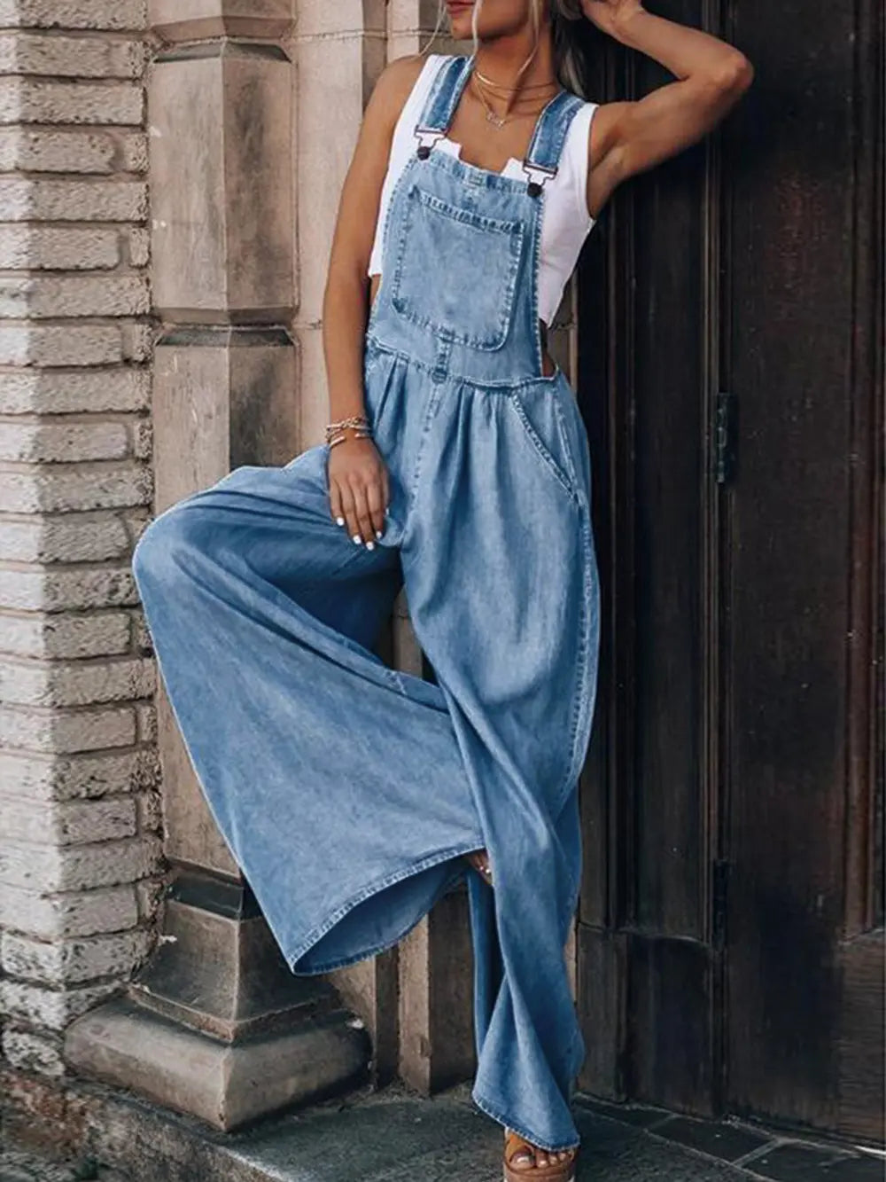 Wide Leg Denim Overalls - Thalia Chic
